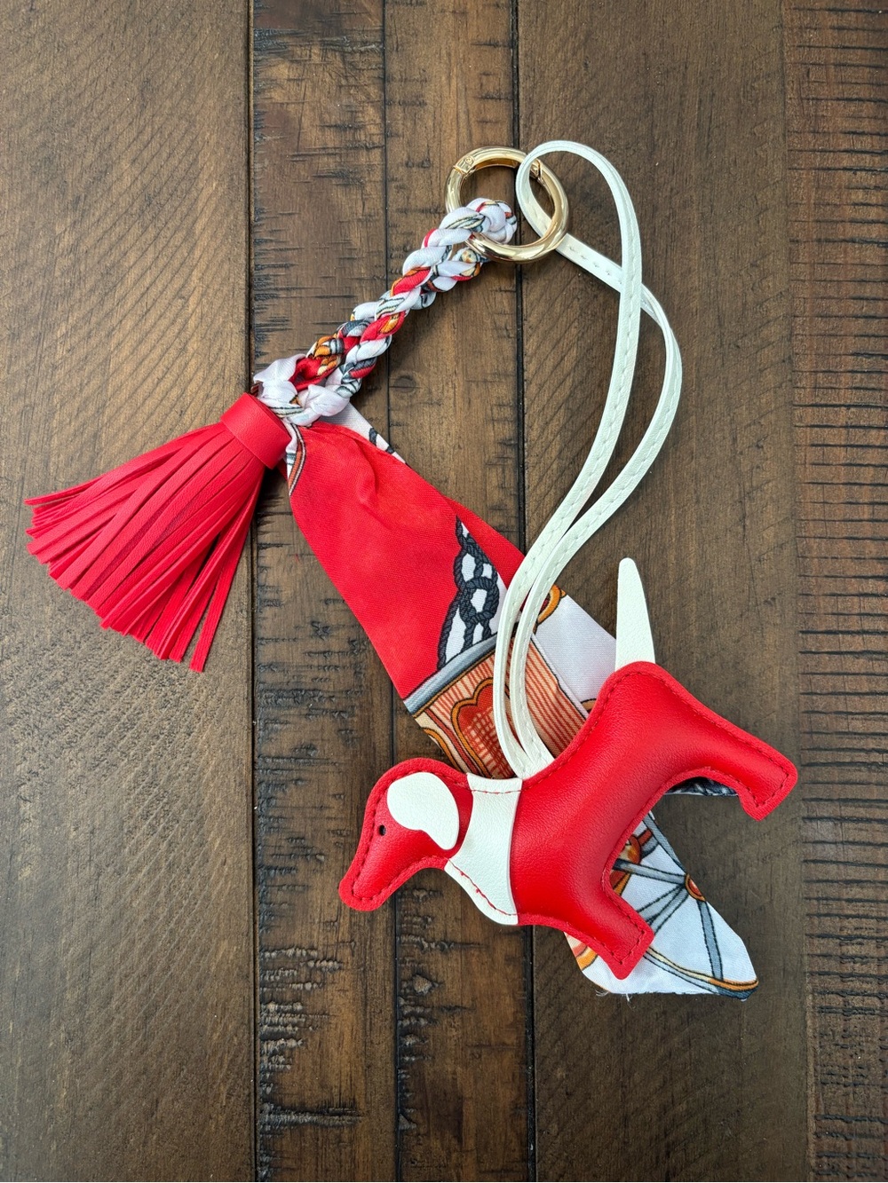 Cute Dog Bag Charm Keychain with Scarf & Tassel – Red
